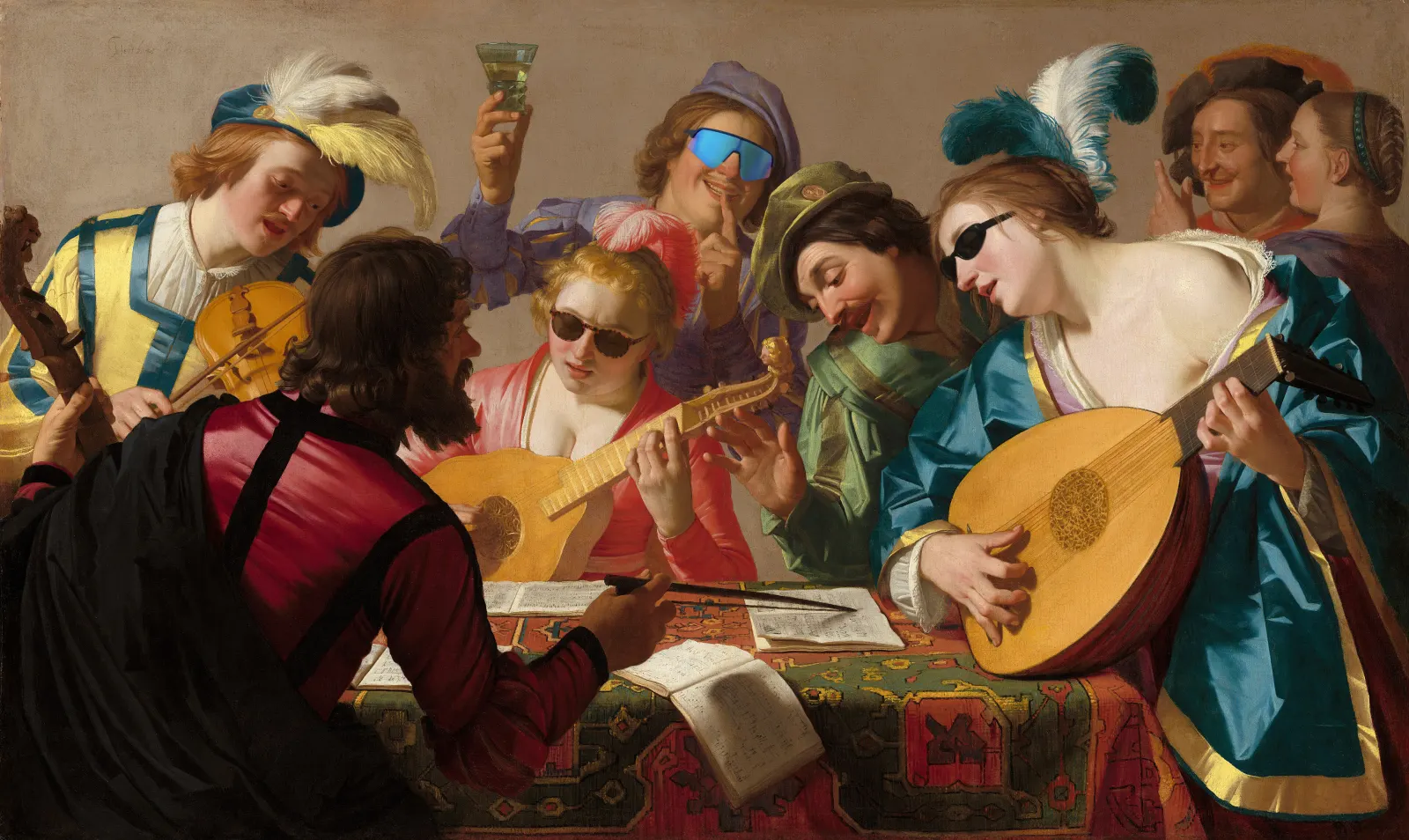 Renaissance painting of musicians playing lutes, two of them wearing sunglasses